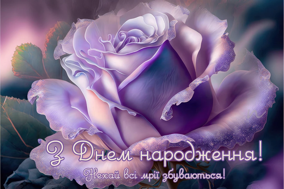 Листівка з днем народження фіолетова троянда